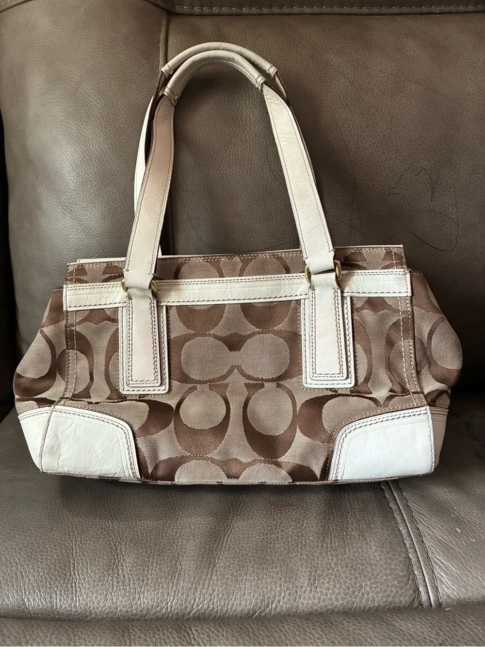 Coach Signature Canvas Tote with Pink and Brown Stripes - Picture 2 of 8